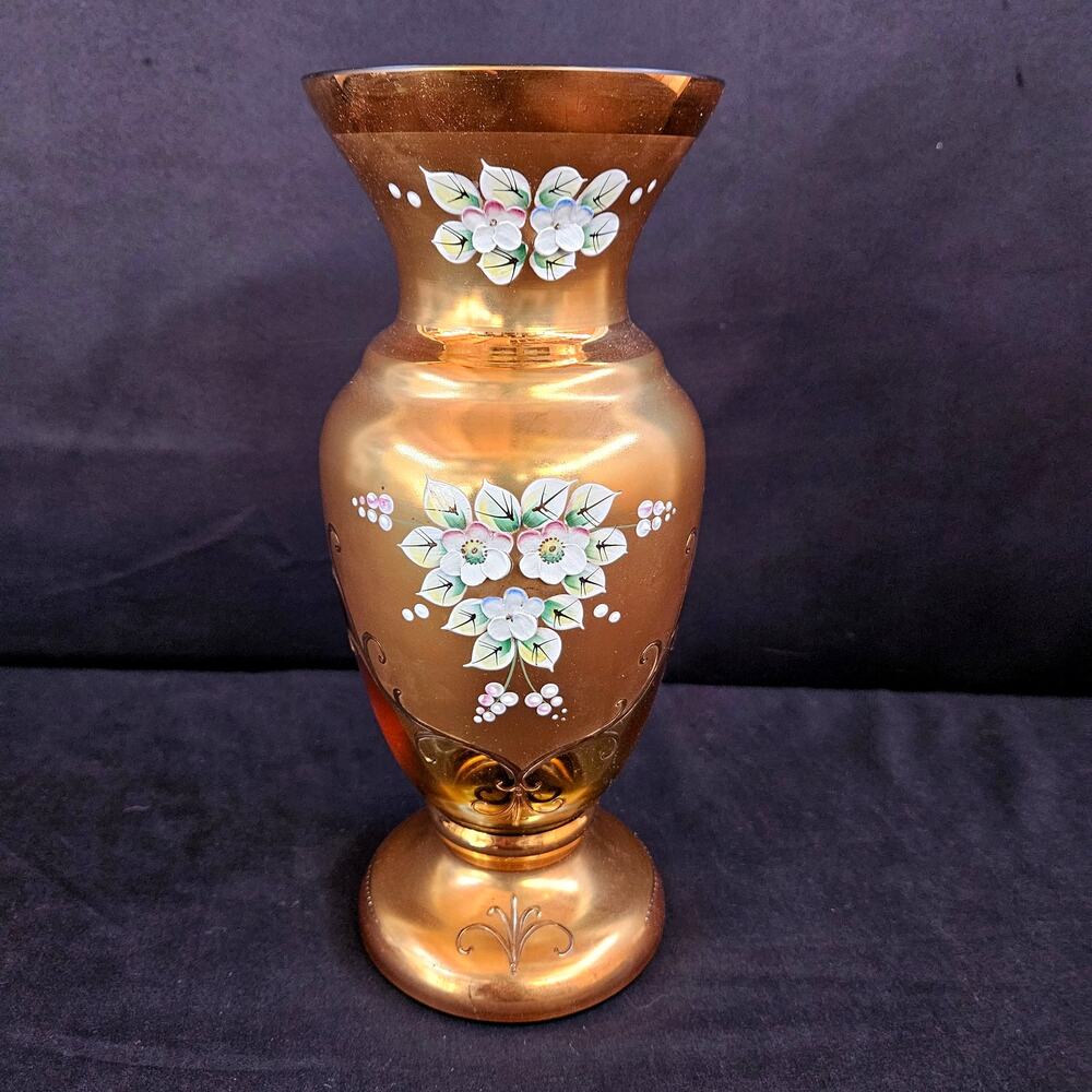 Egermann Gold‎ Bohemian Glass Vase with Enamel Hand Painting Czech 10"